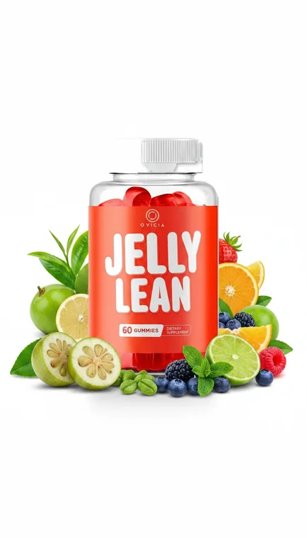 JellyLean apple cider vinegar weight-loss gummy bottle surrounded by green apples, lime, berries and mint